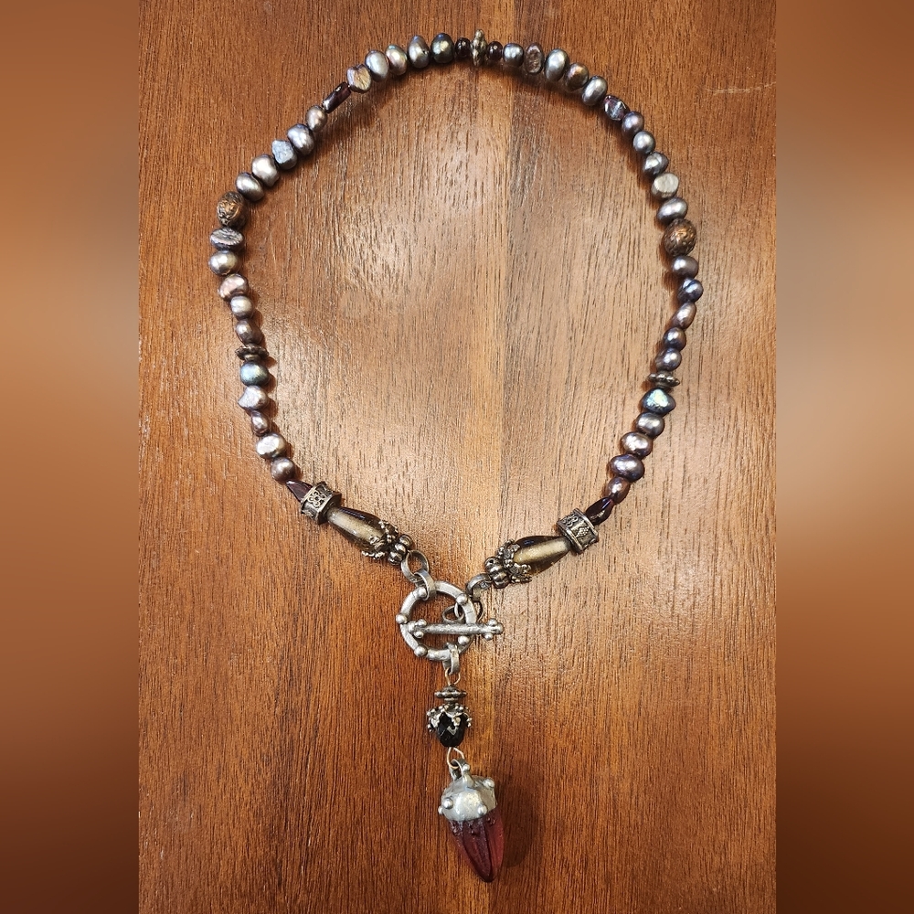 Vintage Designer Maya Evangelista Gemstones & Black Pearls 16.5"  Y-Drop Necklac